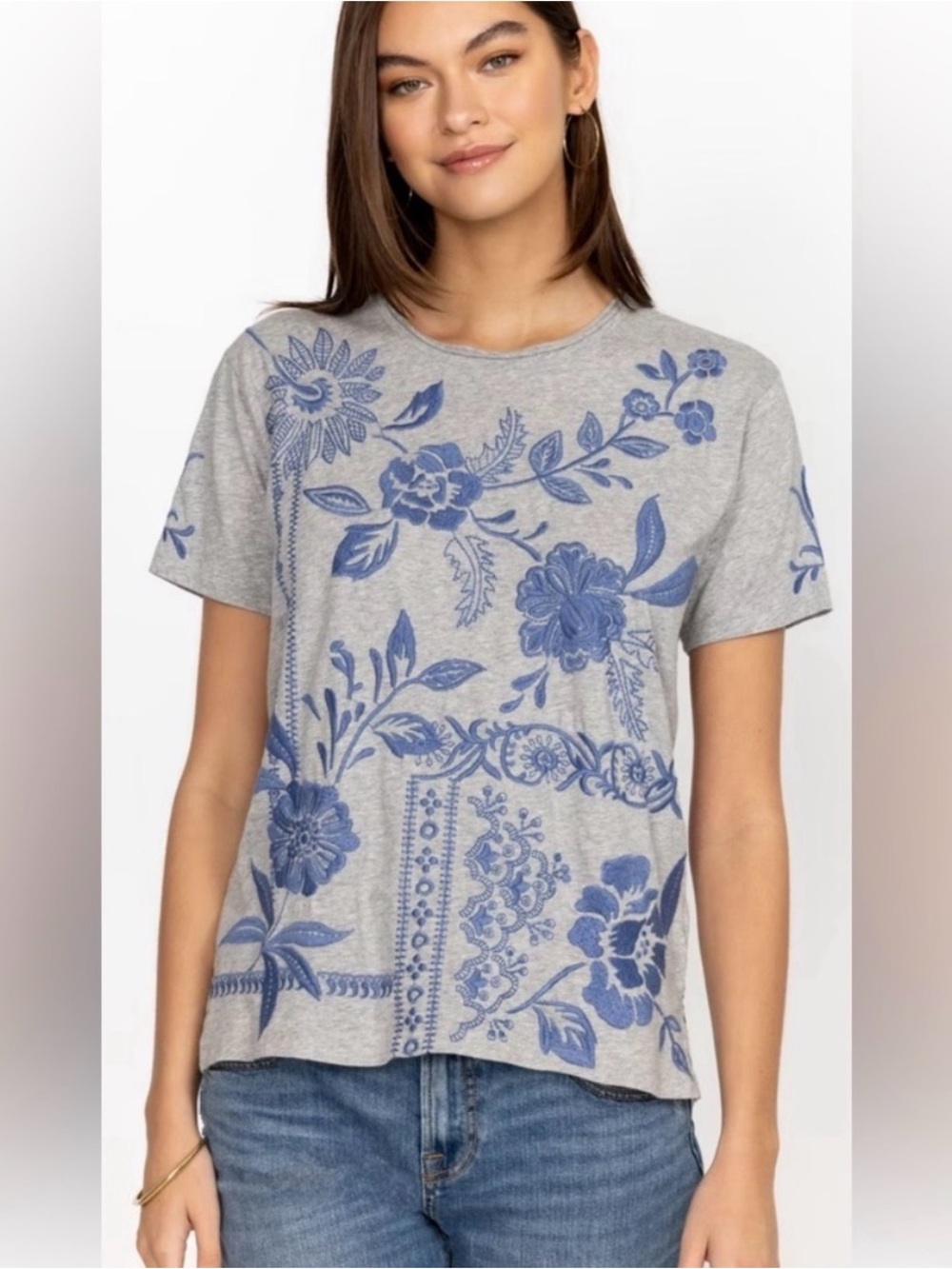 Johnny Was Lyra Gray Crew Neck with Embroidered Blue Florals